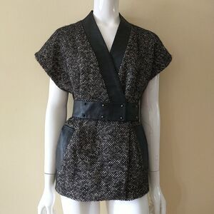 French Connection Jacket Womens 2 Brown Black Wool Alpaca Sleeveless Belted